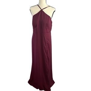 Azazie burgundy maxi dress with open back and crisscross straps.